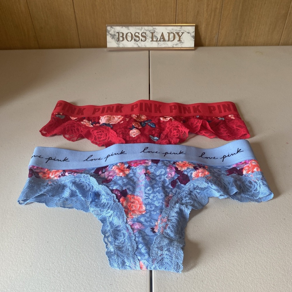 Victoria's Secret Pink Floral Lace Mesh Back Cheekster Panty Bundle Of (2)